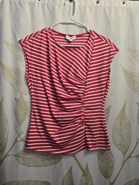Marc New York Jeans - Striped Ruched Cap-Sleeve Top - Pink & White
